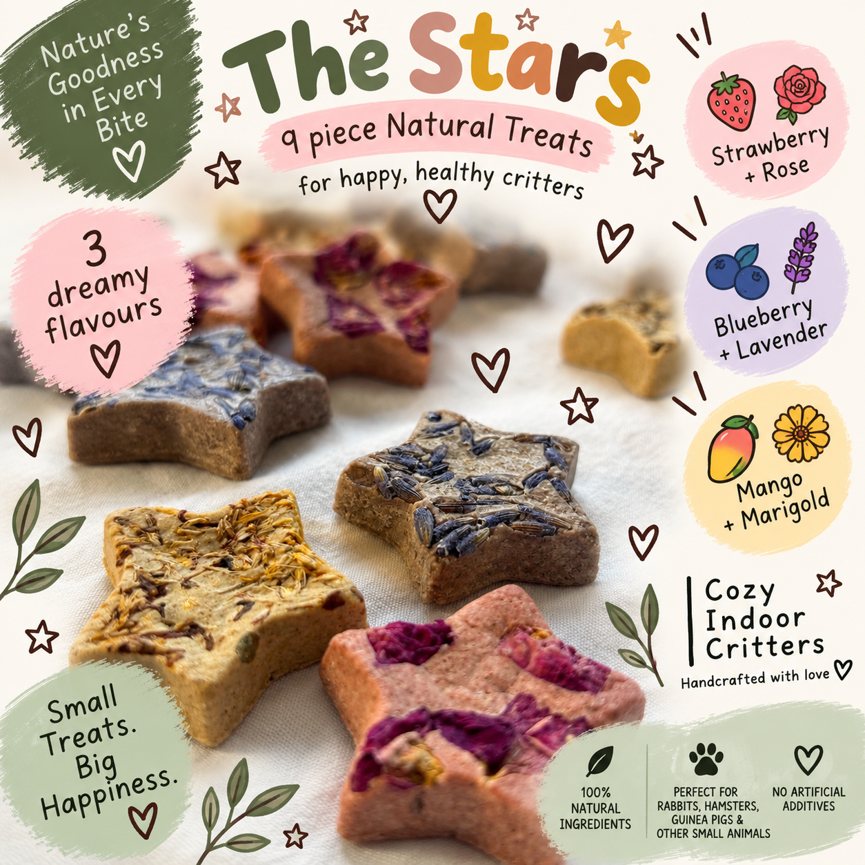 The Stars - 9 piece Natural rabbit / hamster treats - strawberry rose / blueberry lavender / mango marigold