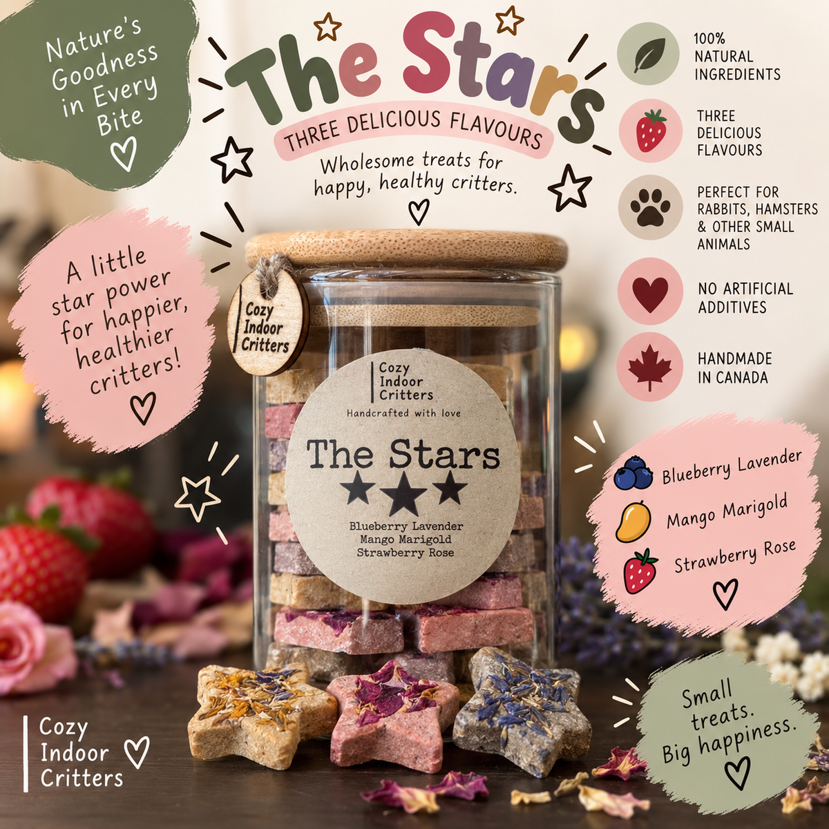 The Stars - 45 piece Natural rabbit / hamster treats - strawberry rose / blueberry lavender / mango marigold in a glass bamboo jar