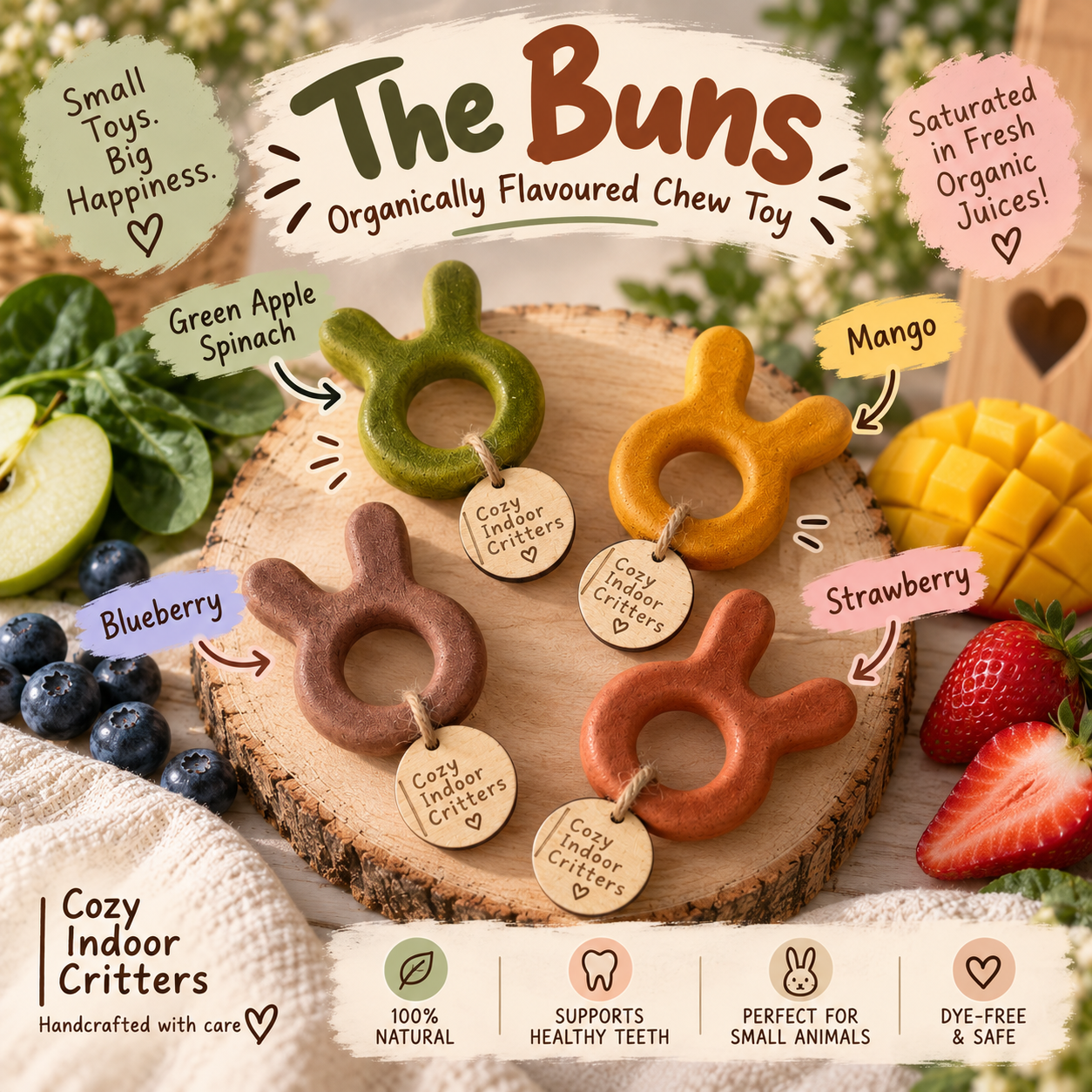 Wooden Buns - organically flavoured chew toy