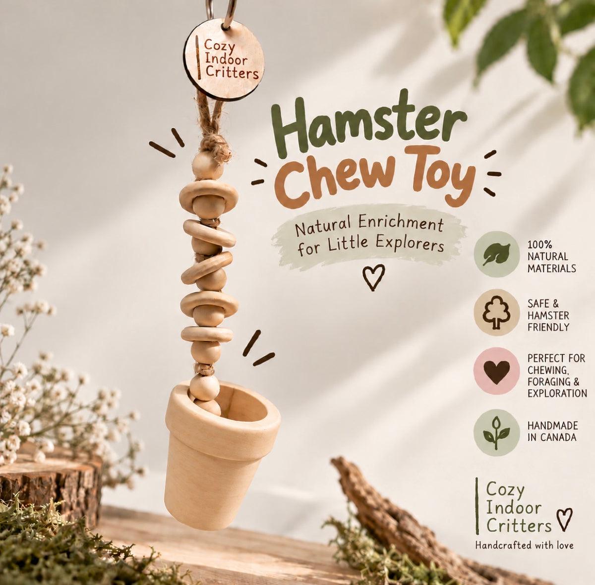 Wooden Hamster Feeder Enrichment Toy - SHORT